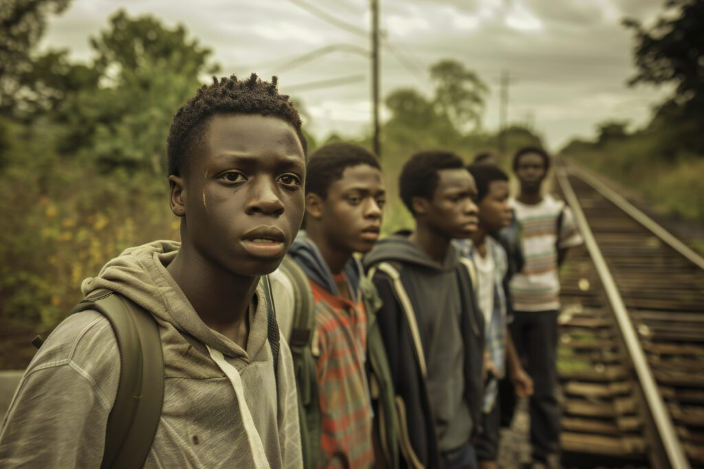 A group of black teenagers, their faces a mixture of youthful re картинка